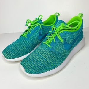 NIKE Roshe Run Fly Knit Running Shoe Blue Green Size 10